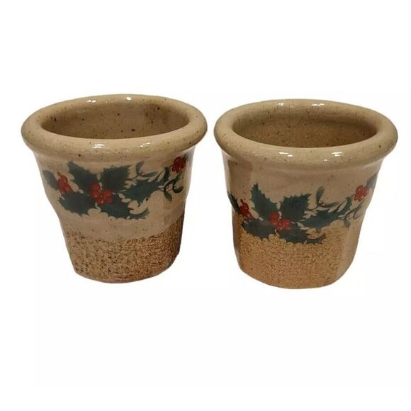 Monroe Pottery 2.5" Salt Works Maine Holly Holiday Toothpick Holder Votive Set 2 - Picture 1 of 11